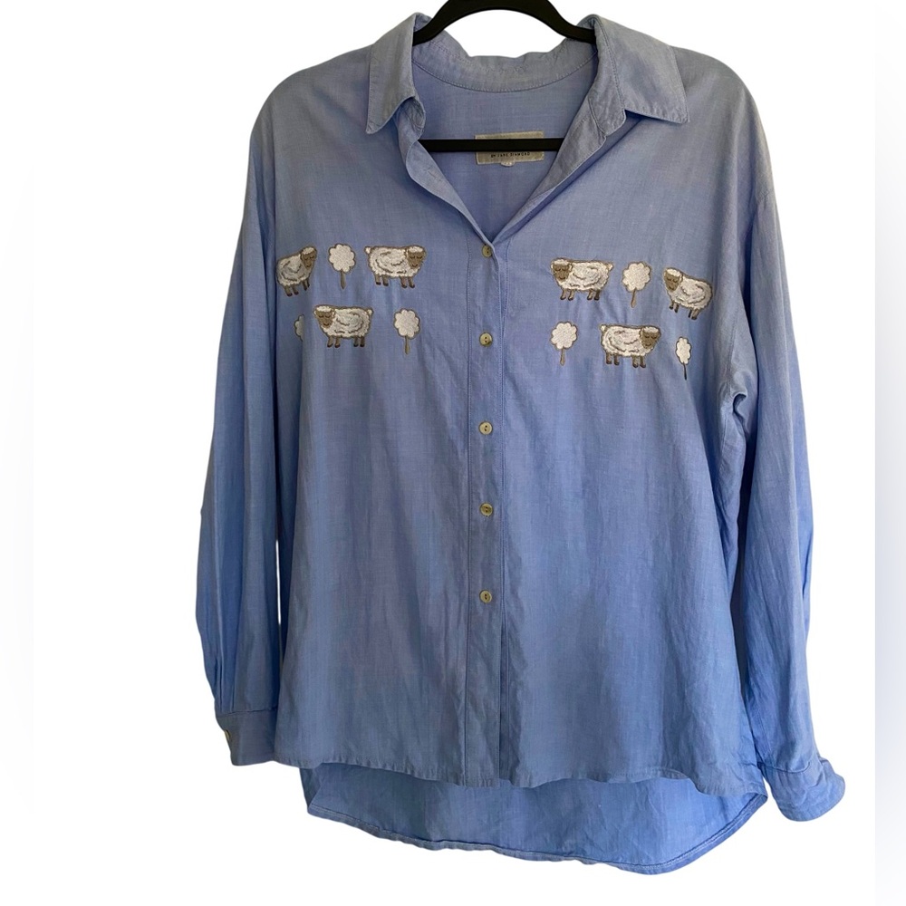 Vintage Sheep Shirt Cottagecore Womens Embroidered 80s Cotton Chambray Button Up